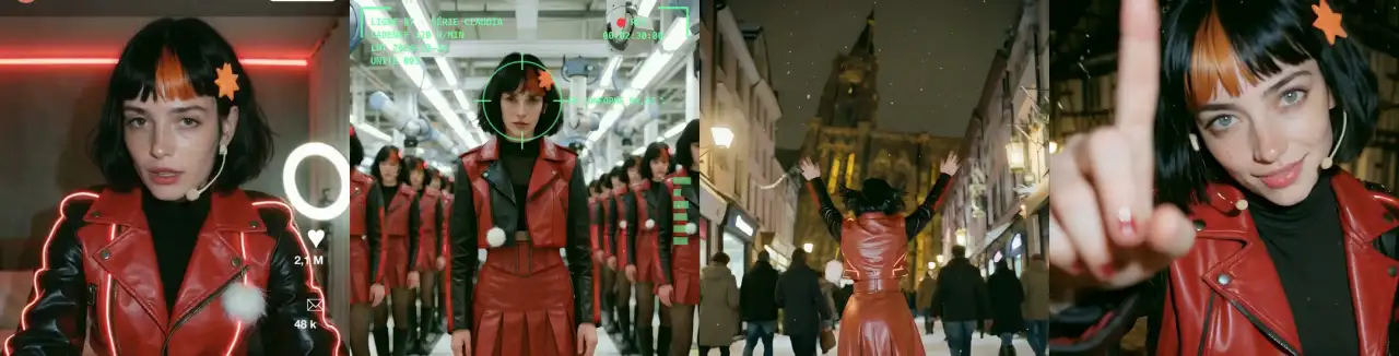 Quatre images du clip : Claudia face caméra dans sa chambre de streameuse, alignée parmi ses copies dans une usine, bras levés devant la cathédrale de Strasbourg sous la neige, puis pointant le doigt vers le spectateur.